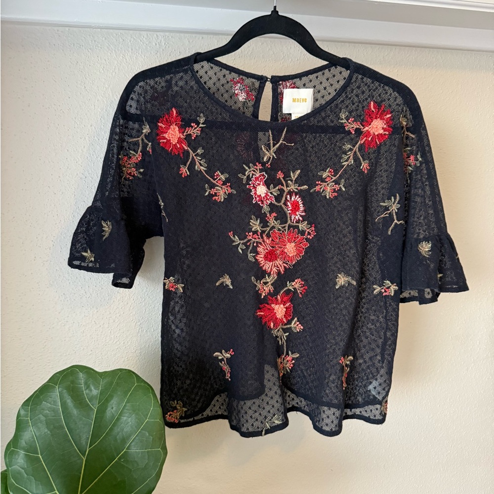 Anthropologie Top: Floral Embroidered Sheer